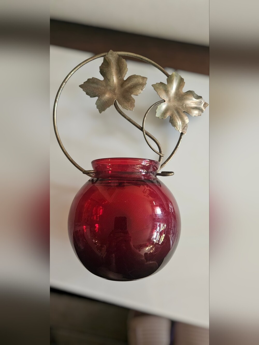 Source Unknown Red Glass Hanging Votive with Metal Leaf Frame